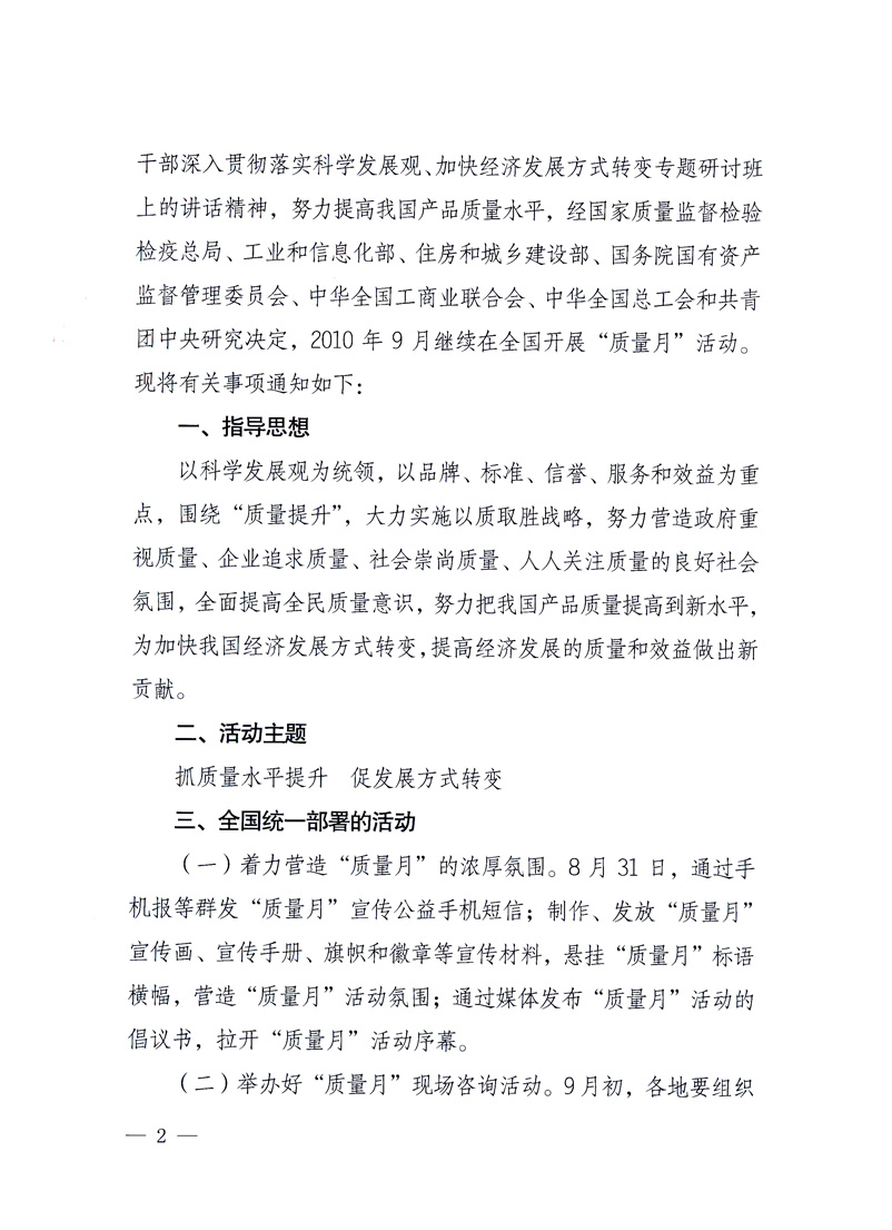 國(guó)家質(zhì)量監(jiān)督檢驗(yàn)檢疫總局、工業(yè)和信息化部、住房和城鄉(xiāng)建設(shè)部、國(guó)務(wù)院國(guó)有資產(chǎn)監(jiān)督管理委員會(huì)、中華全國(guó)工商業(yè)聯(lián)合會(huì)、中華全國(guó)總工會(huì)、共青團(tuán)中央《關(guān)于開展2010年全國(guó)“質(zhì)量月”活動(dòng)的通知》